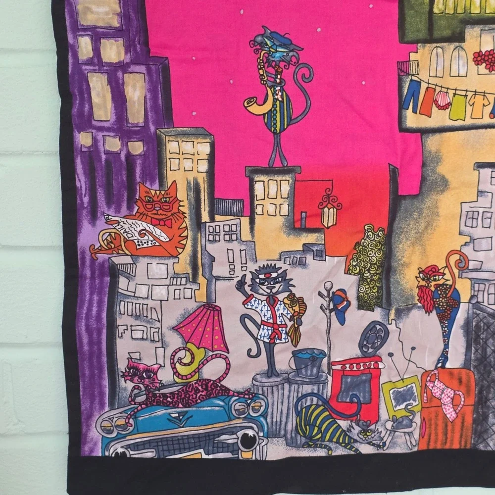 Handmade Cool Cats City Rooftop Novelty Print Laundry Storage Bag   whimsical
